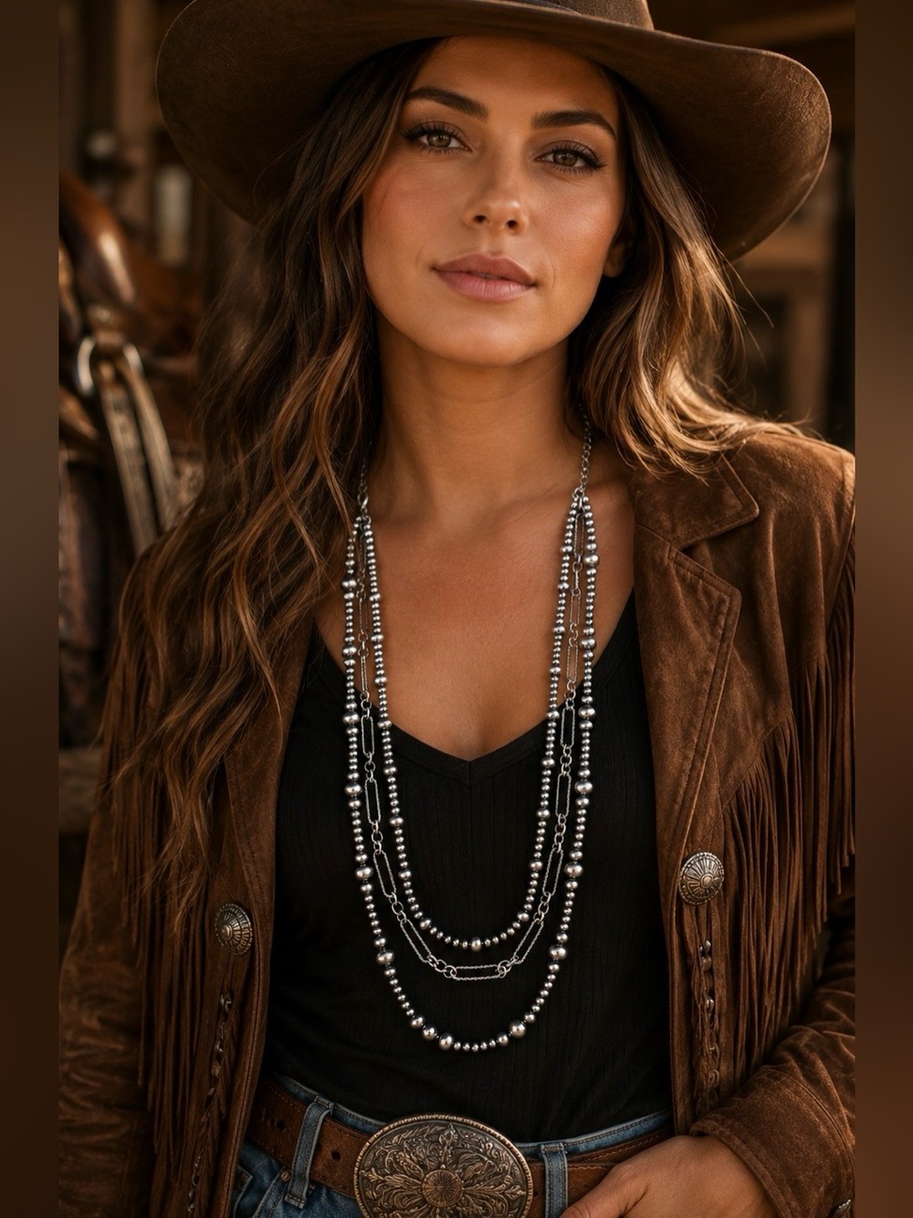 Costume Southwest Silver Tone FAUX Navajo Pearl Multi Strand Beaded Necklace